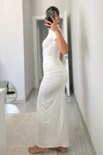 Üstü Bodysuit Drapeli Soft Touch Elbise Beyaz - Görsel 4