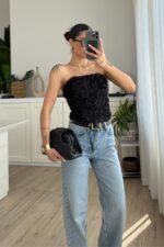 Balenli Güllü Straplez Bluz siyah