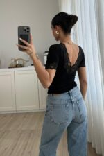 Yakası Dantelli V Yaka Bluz Siyah - Görsel 4