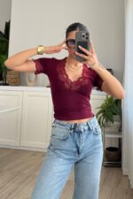 Yakası Dantelli V Yaka Bluz Bordo