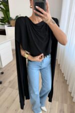 Vatkalı Kolları Pelerinli Bluz Siyah - Görsel 3