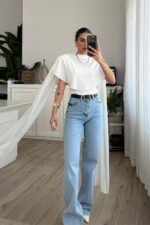 Vatkalı Kolları Pelerinli Bluz Beyaz