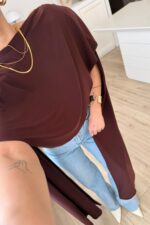 Vatkalı Kolları Pelerinli Bluz Kahverengi - Görsel 3