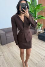 Nesh Yakasız Ceket Mini Etek Takım Kahverengi - Görsel 2