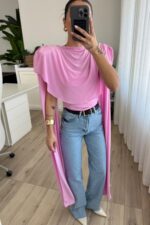 Vatkalı Kolları Pelerinli Bluz Pembe - Görsel 2