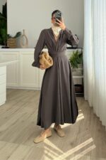 Denis Kuşaklı Gömlek Elbise Kahverengi