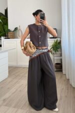 Nora Pileli Geniş Paça Pantolon Kahverengi