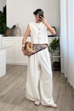 Nora Pileli Geniş Paça Pantolon Krem