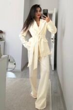 Dora Beli Bağlamalı Ceket Pantolon Takım Krem - Görsel 2
