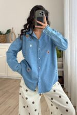 Denim Figürlü Gömlek Mavi