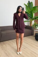 Nesh Yakasız Ceket Mini Etek Takım Mürdüm