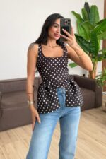 Kare Yaka Puantiyeli Bluz Kahverengi