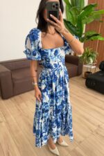 Kare Yaka Mavi Çiçek Desenli Elbise - Görsel 2