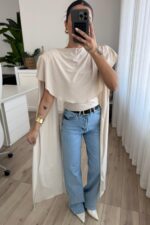 Vatkalı Kolları Pelerinli Bluz Taş - Görsel 2