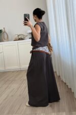 Nora Pileli Geniş Paça Pantolon Kahverengi - Görsel 3