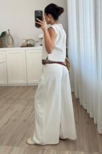 Nora Pileli Geniş Paça Pantolon Krem - Görsel 3