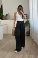 Pareosu Taşlı Saten Pantolon Siyah