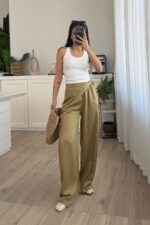 Pareosu Taşlı Saten Pantolon Yağ Yeşil