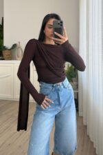 Transparan Şallı Bluz Kahverengi