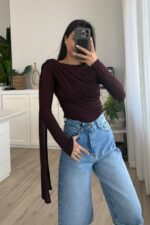 Transparan Şallı Bluz Mürdüm