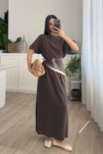 Andreen Beli Pileli Balon Kol Elbise Kahverengi