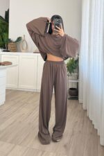 Geniş Kol Bluz Pantolon Takım Kahverengi