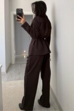 Melo Beli Bağlamalı Ceket Pantolon Takım Kahverengi - Görsel 5