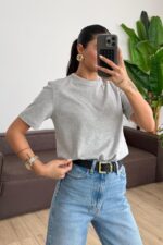 Bisiklet Yaka Tişört Gri