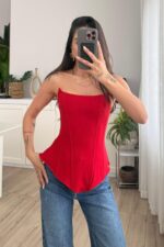 Balenli Straplez Bluz Kırmızı