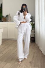 Yong Pileli Pantolon Beyaz