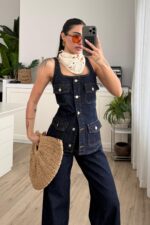 Çok Cepli Denim Yelek Lacivert