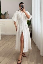 Çiçek Nakışlı Uzun Gömlek Elbise Beyaz