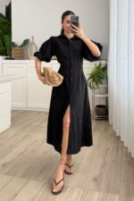 Çiçek Nakışlı Uzun Gömlek Elbise Siyah