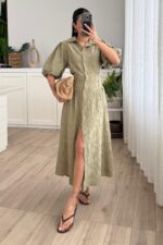 Çiçek Nakışlı Uzun Gömlek Elbise Haki