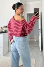 Çizgili Tasarım Gömlek Kırmızı - Görsel 3