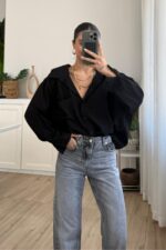 Gk V Yaka Oversize Gömlek Siyah