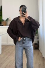 Gk V Yaka Oversize Gömlek Kahverengi