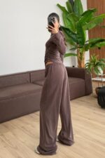 Relax Düşük Omuz Bluz Pantolon Takım Kahverengi - Görsel 4