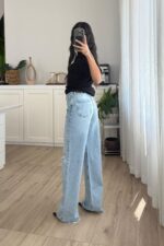 Dizi Yırtık Wide Leg Mavi Jean - Görsel 4