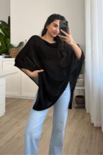 Tek Yanı Açık Triko Panço Siyah