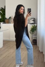 Tek Yanı Açık Triko Panço Kahverengi - Görsel 3