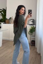 Tek Yanı Açık Triko Panço Haki - Görsel 3