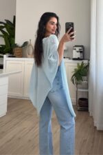 Tek Yanı Açık Triko Panço Mavi - Görsel 3