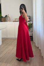 Evsa Kuşaklı Askılı Elbise Kırmızı - Görsel 4