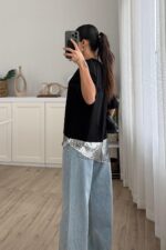 Asimetrik Payet Tişört Siyah - Görsel 3