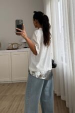 Asimetrik Payet Tişört Beyaz - Görsel 3