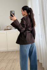 Balon Kol Kemerli Gömlek Kahverengi - Görsel 3