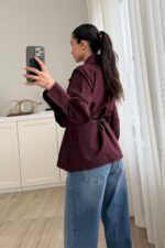 Balon Kol Kemerli Gömlek Mürdüm - Görsel 3