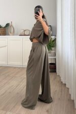 Polo Yaka Kısa Kollu Bol Pantolon Takım Haki - Görsel 4