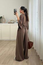 Polo Yaka Kısa Kollu Bol Pantolon Takım Kahverengi - Görsel 3